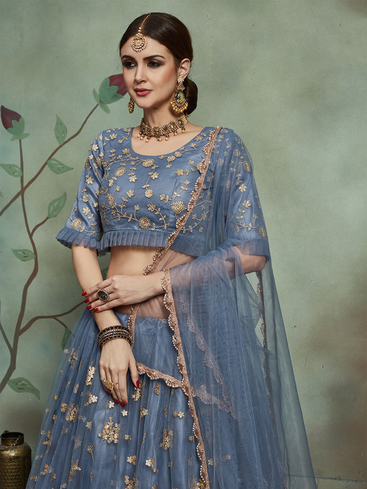 Odette Women Grey Designer Semi Stitched Lehenga With Unstitched Blouse