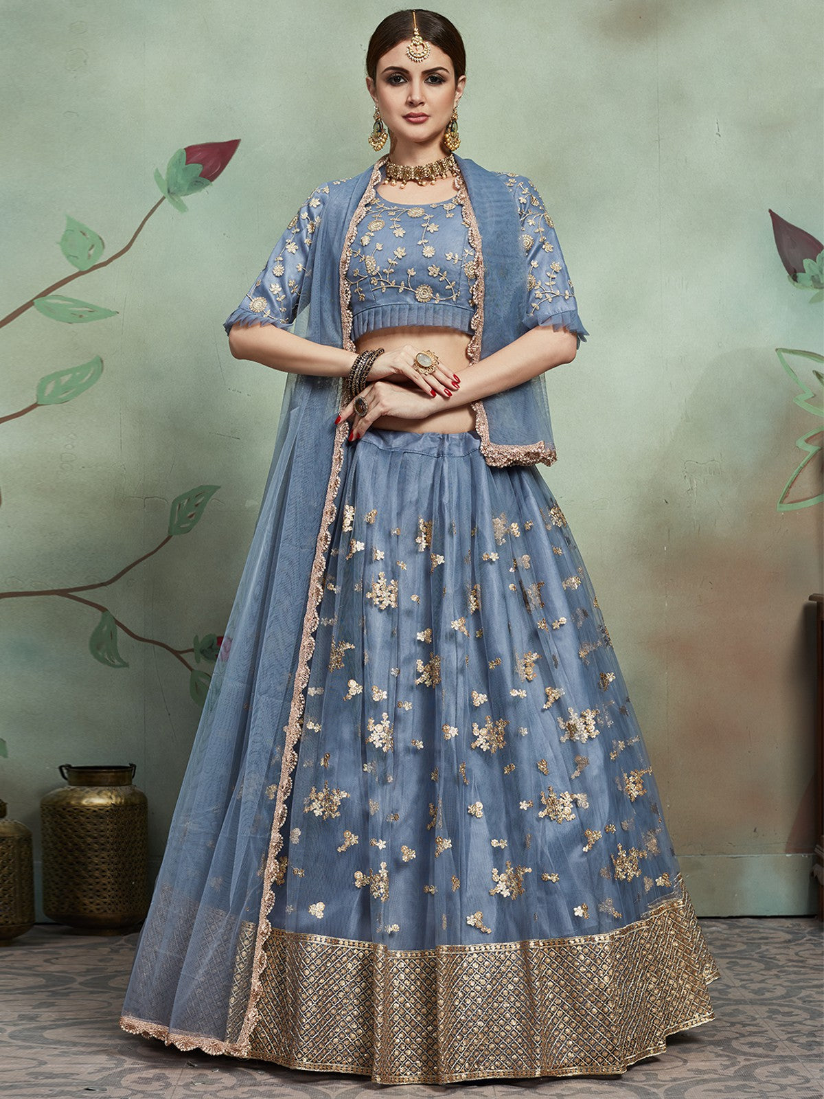 Odette Women Grey Designer Semi Stitched Lehenga With Unstitched Blouse