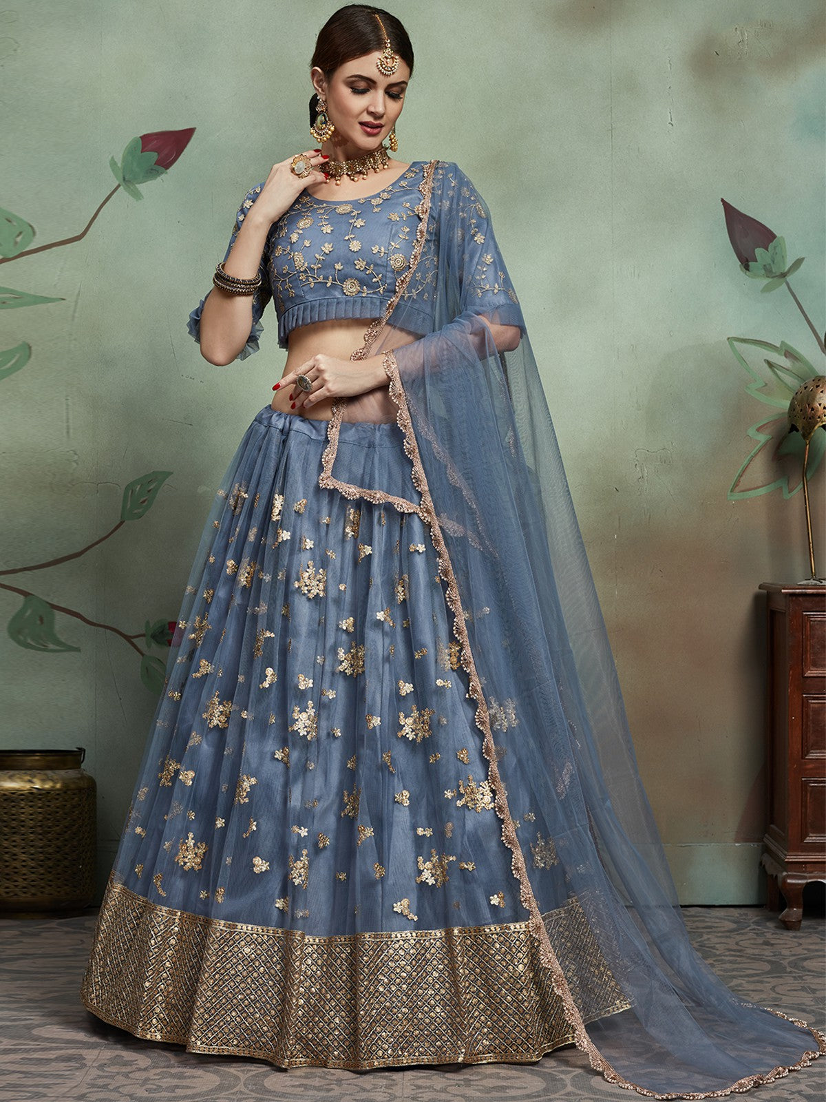 Odette Women Grey Designer Semi Stitched Lehenga With Unstitched Blouse
