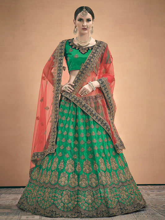 Odette Women Green Embroidered Bridal Semi Stitched Lehenga With Unstitched Blouse