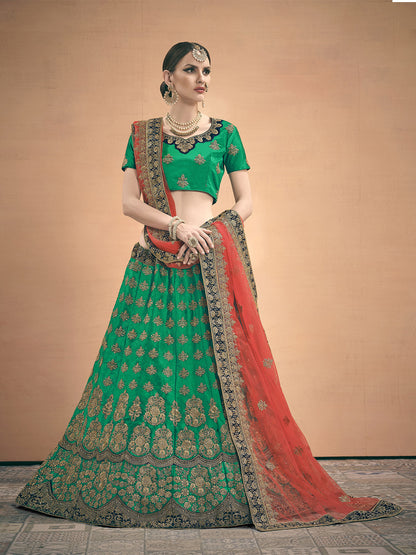 Odette Women Green Embroidered Bridal Semi Stitched Lehenga With Unstitched Blouse