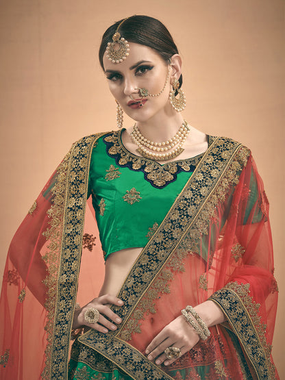 Odette Women Green Embroidered Bridal Semi Stitched Lehenga With Unstitched Blouse