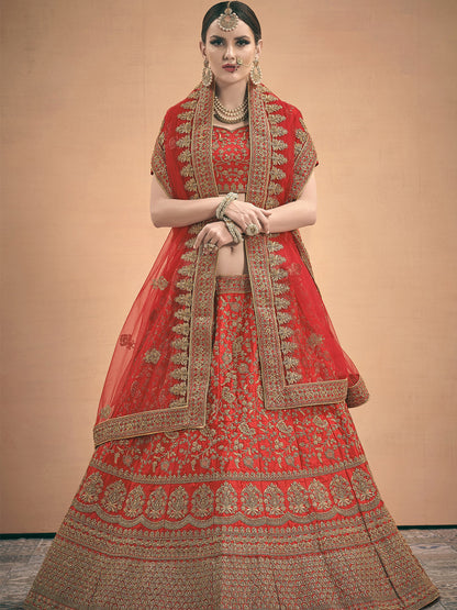 Odette Women Red Embroidered Bridal Semi Stitched Lehenga With Unstitched Blouse