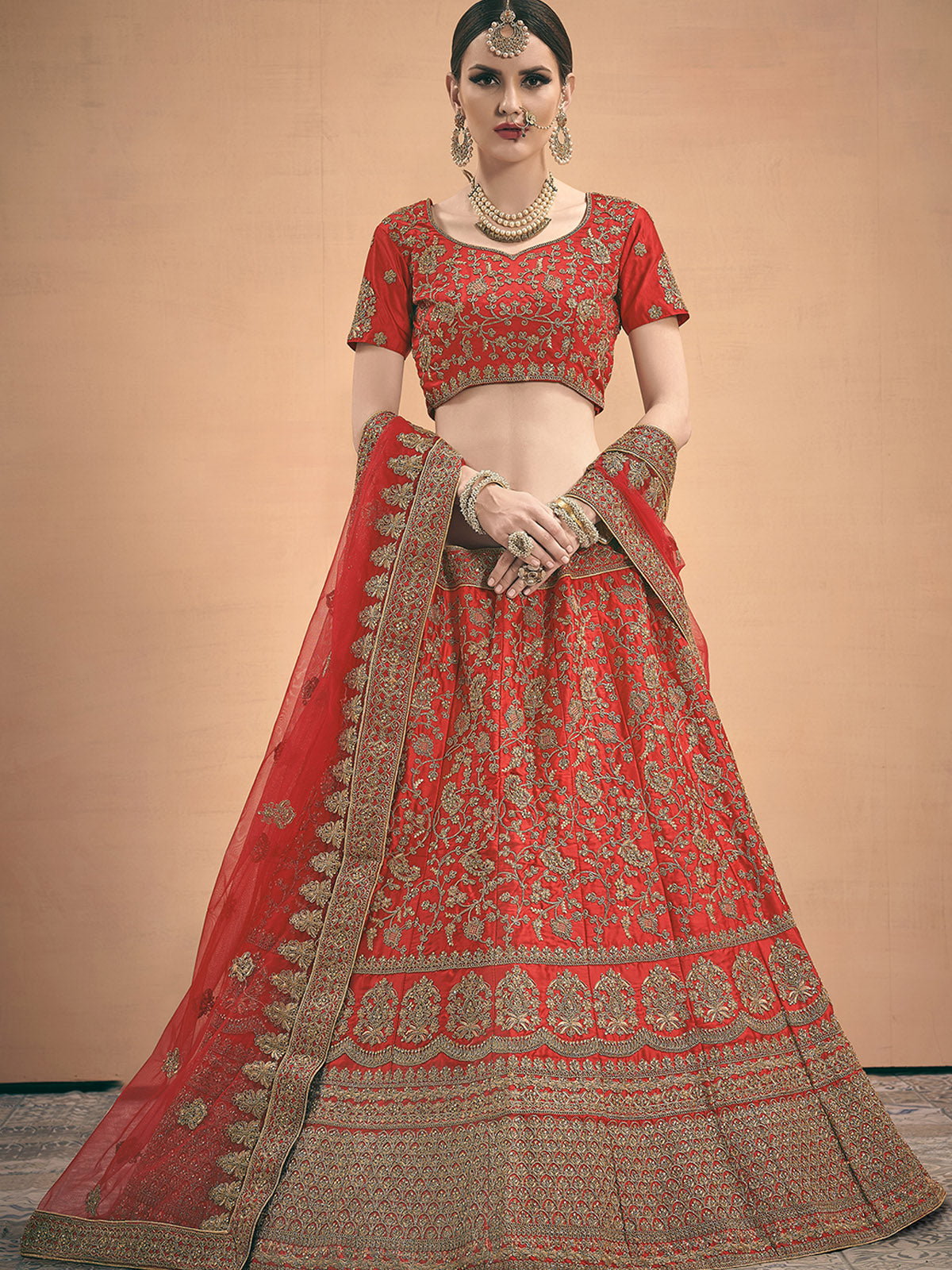 Odette Women Red Embroidered Bridal Semi Stitched Lehenga With Unstitched Blouse