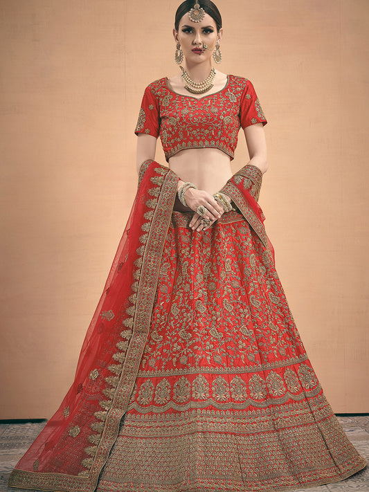 Odette Women Red Embroidered Bridal Semi Stitched Lehenga With Unstitched Blouse