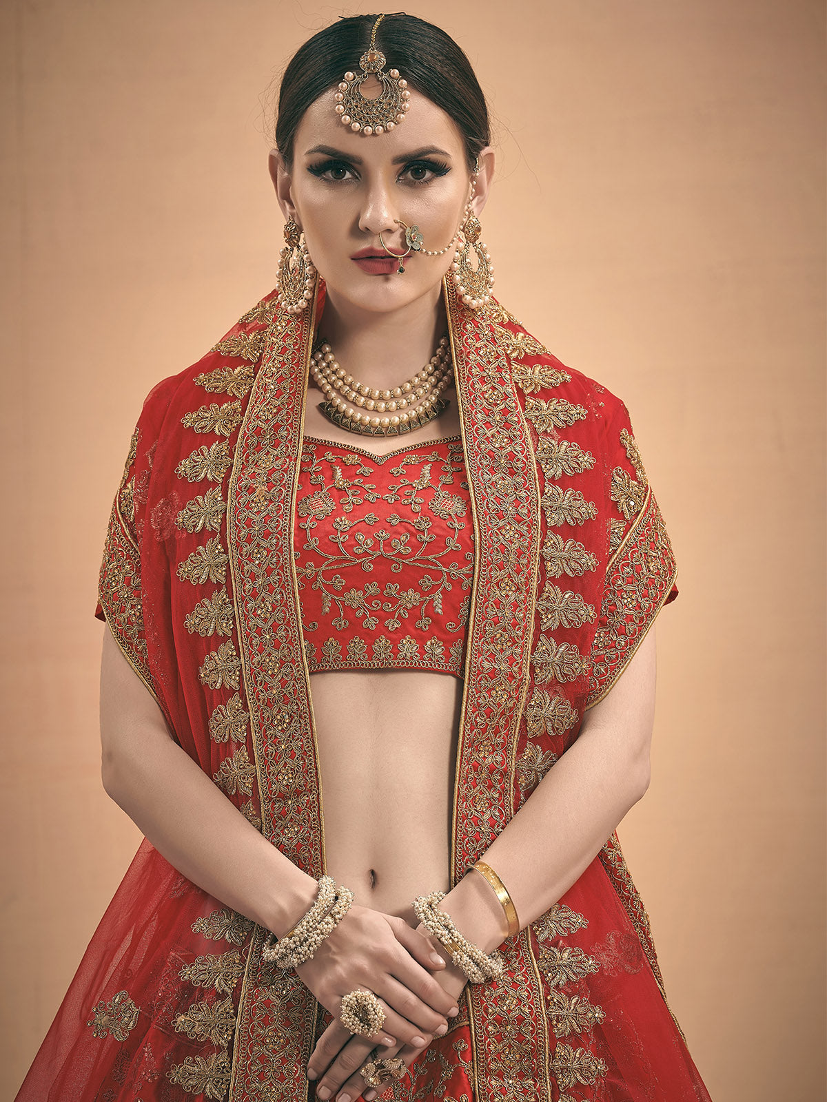 Odette Women Red Embroidered Bridal Semi Stitched Lehenga With Unstitched Blouse