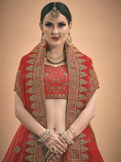 Odette Women Red Embroidered Bridal Semi Stitched Lehenga With Unstitched Blouse