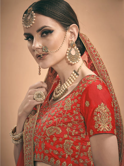 Odette Women Red Embroidered Bridal Semi Stitched Lehenga With Unstitched Blouse