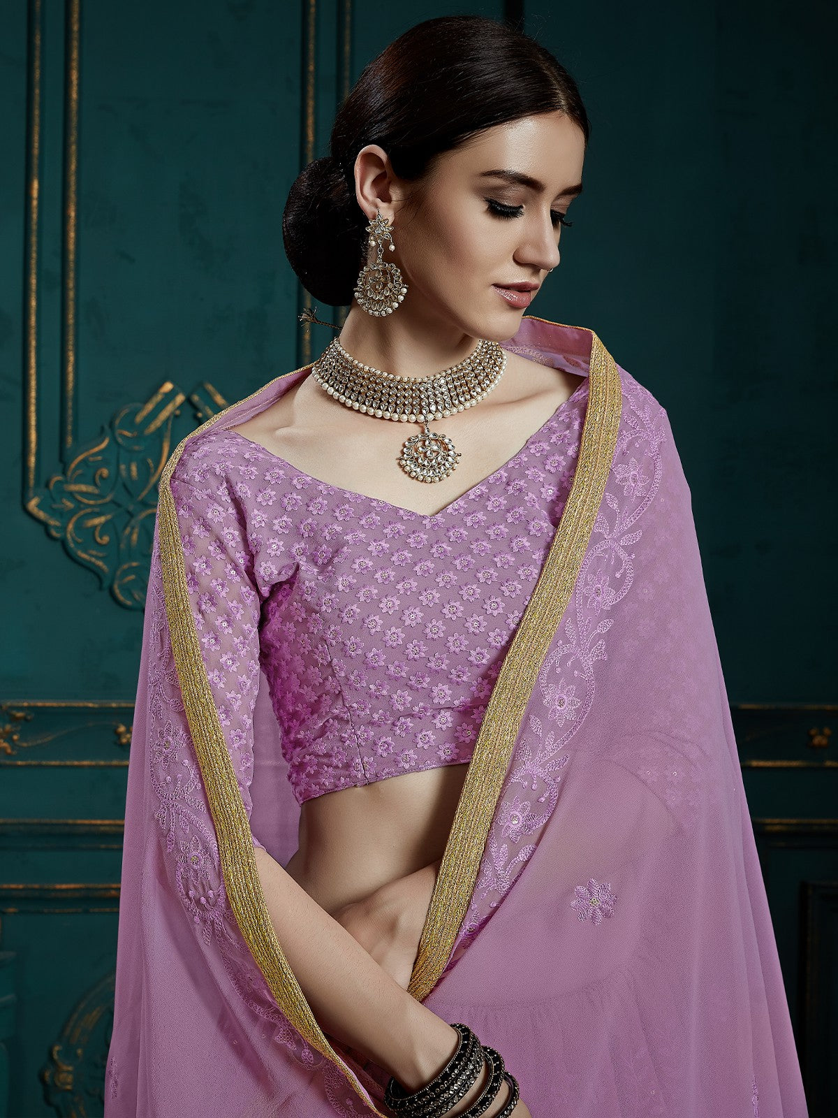 Odette Women Designer Purple Soft Net Semi Stitched Lehenga With Unstitched Blouse