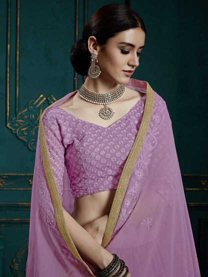 Odette Women Designer Purple Soft Net Semi Stitched Lehenga With Unstitched Blouse