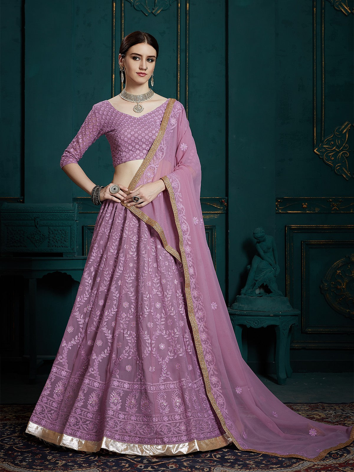 Odette Women Designer Purple Soft Net Semi Stitched Lehenga With Unstitched Blouse