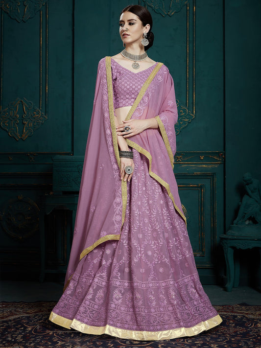 Odette Women Designer Purple Soft Net Semi Stitched Lehenga With Unstitched Blouse