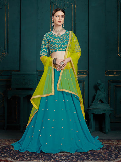 Odette Women Teal Georgette Sassy Semi Stitched Lehenga With Unstitched Blouse