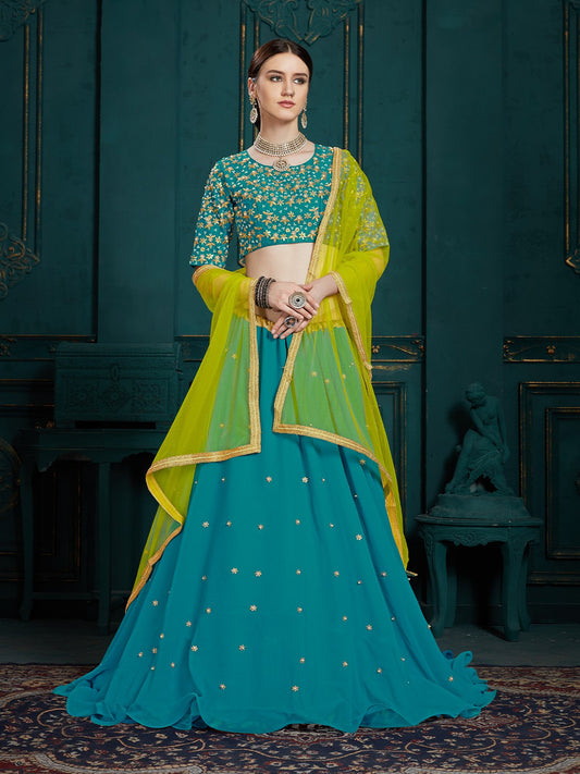 Odette Women Teal Georgette Sassy Semi Stitched Lehenga With Unstitched Blouse