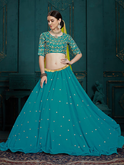 Odette Women Teal Georgette Sassy Semi Stitched Lehenga With Unstitched Blouse