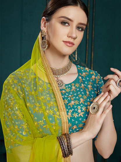 Odette Women Teal Georgette Sassy Semi Stitched Lehenga With Unstitched Blouse