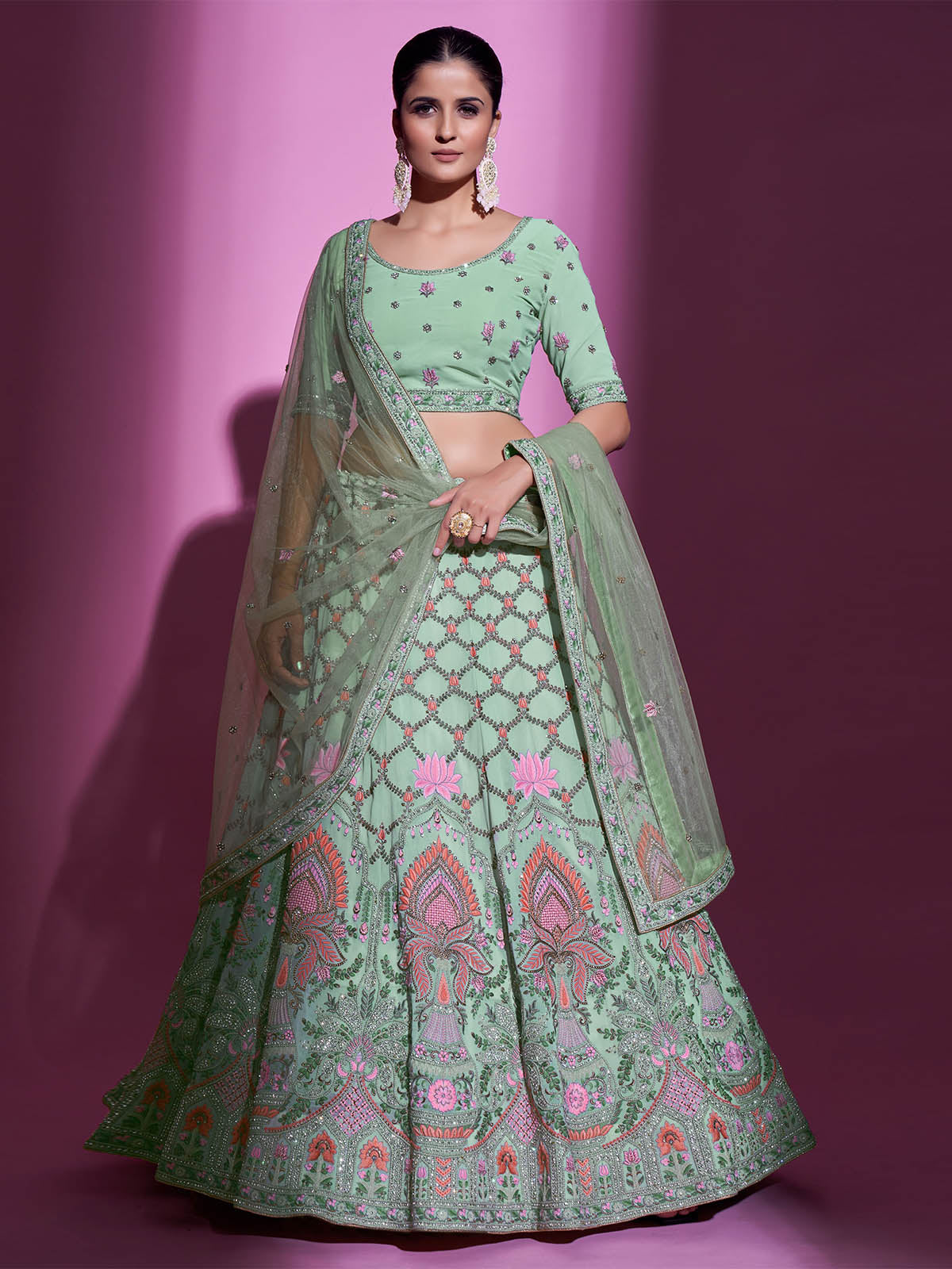 Odette Women Sea Green Georgette Embroidered Semi Stitched Lehenga With Unstitched Blouse