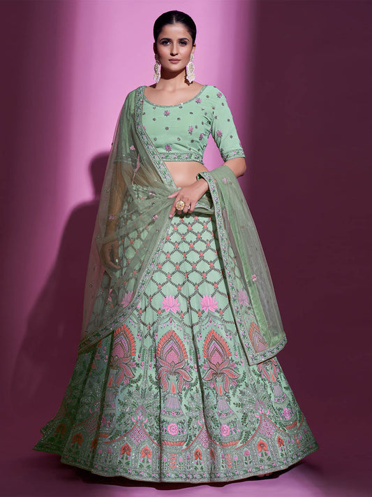 Odette Women Sea Green Georgette Embroidered Semi Stitched Lehenga With Unstitched Blouse