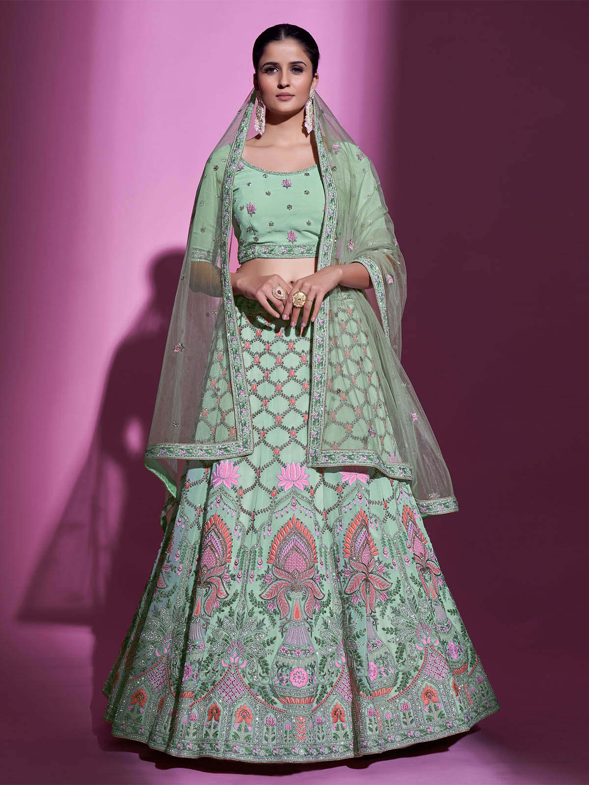 Odette Women Sea Green Georgette Embroidered Semi Stitched Lehenga With Unstitched Blouse