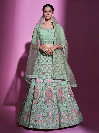 Odette Women Sea Green Georgette Embroidered Semi Stitched Lehenga With Unstitched Blouse