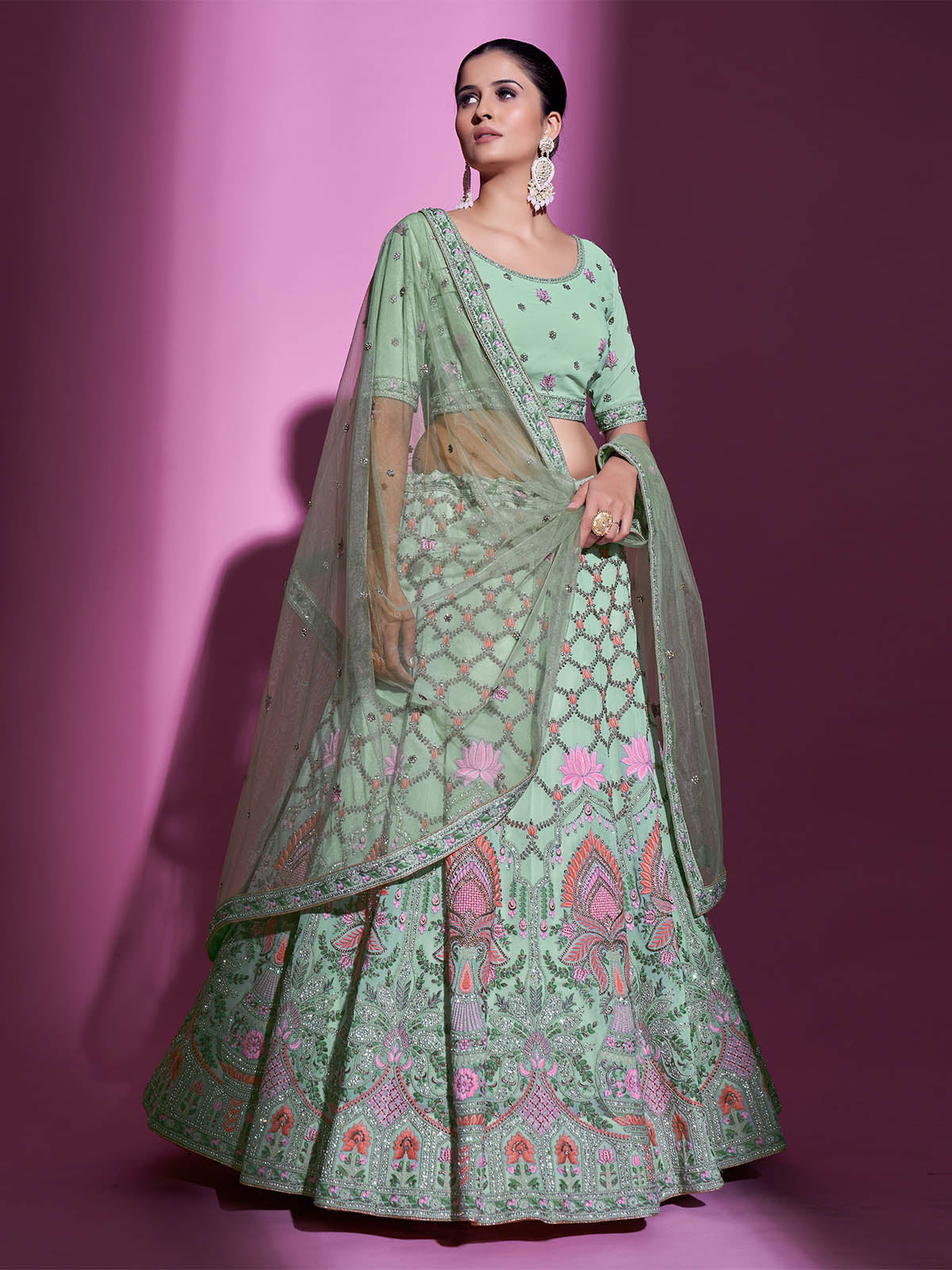 Odette Women Sea Green Georgette Embroidered Semi Stitched Lehenga With Unstitched Blouse