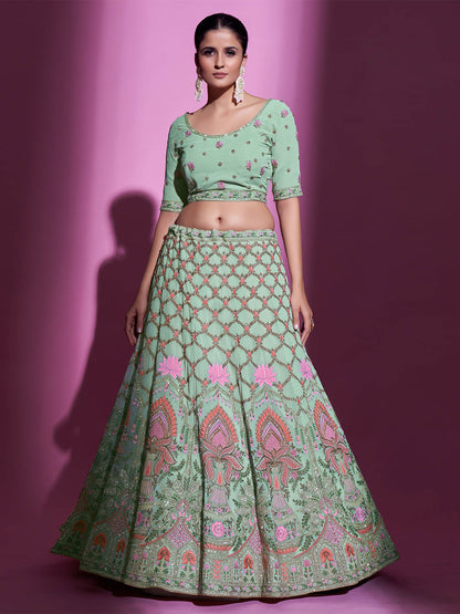 Odette Women Sea Green Georgette Embroidered Semi Stitched Lehenga With Unstitched Blouse