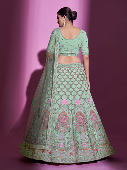 Odette Women Sea Green Georgette Embroidered Semi Stitched Lehenga With Unstitched Blouse