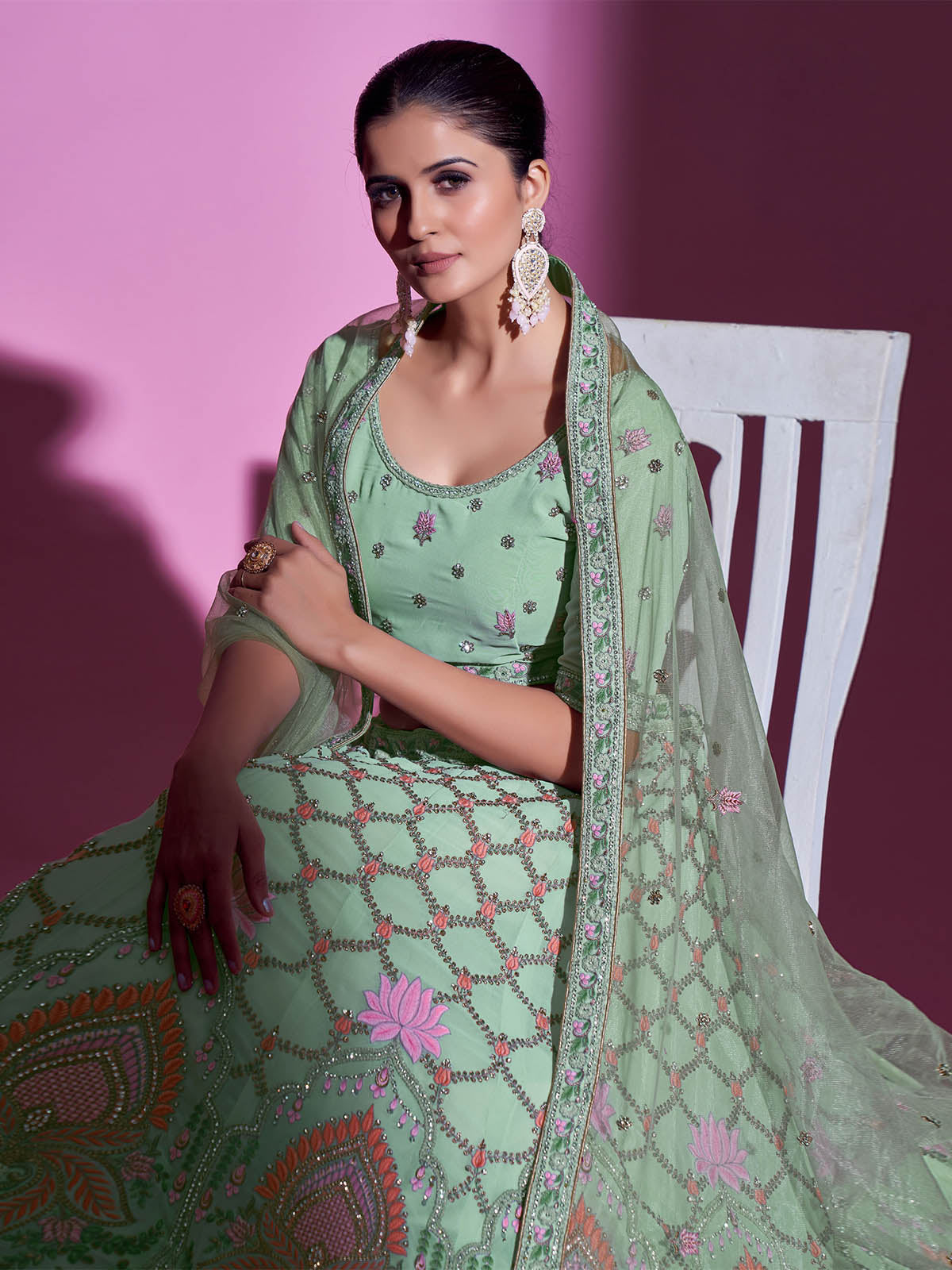 Odette Women Sea Green Georgette Embroidered Semi Stitched Lehenga With Unstitched Blouse