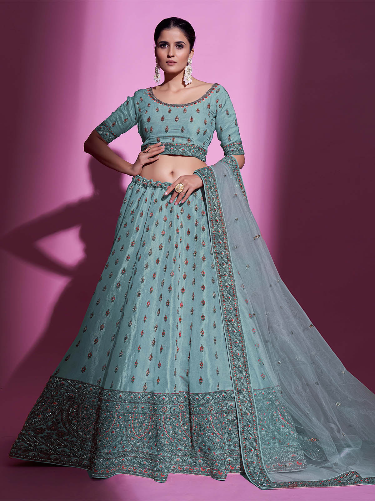 Odette Women Blue Silk Blend Embroidered Semi Stitched Lehenga With Unstitched Blouse