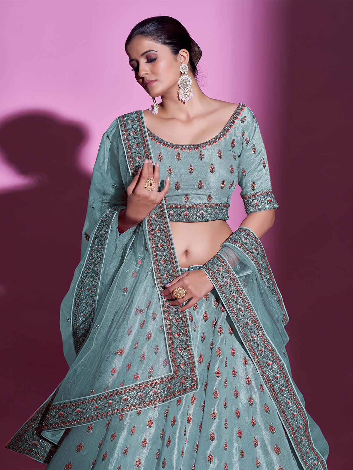 Odette Women Blue Silk Blend Embroidered Semi Stitched Lehenga With Unstitched Blouse