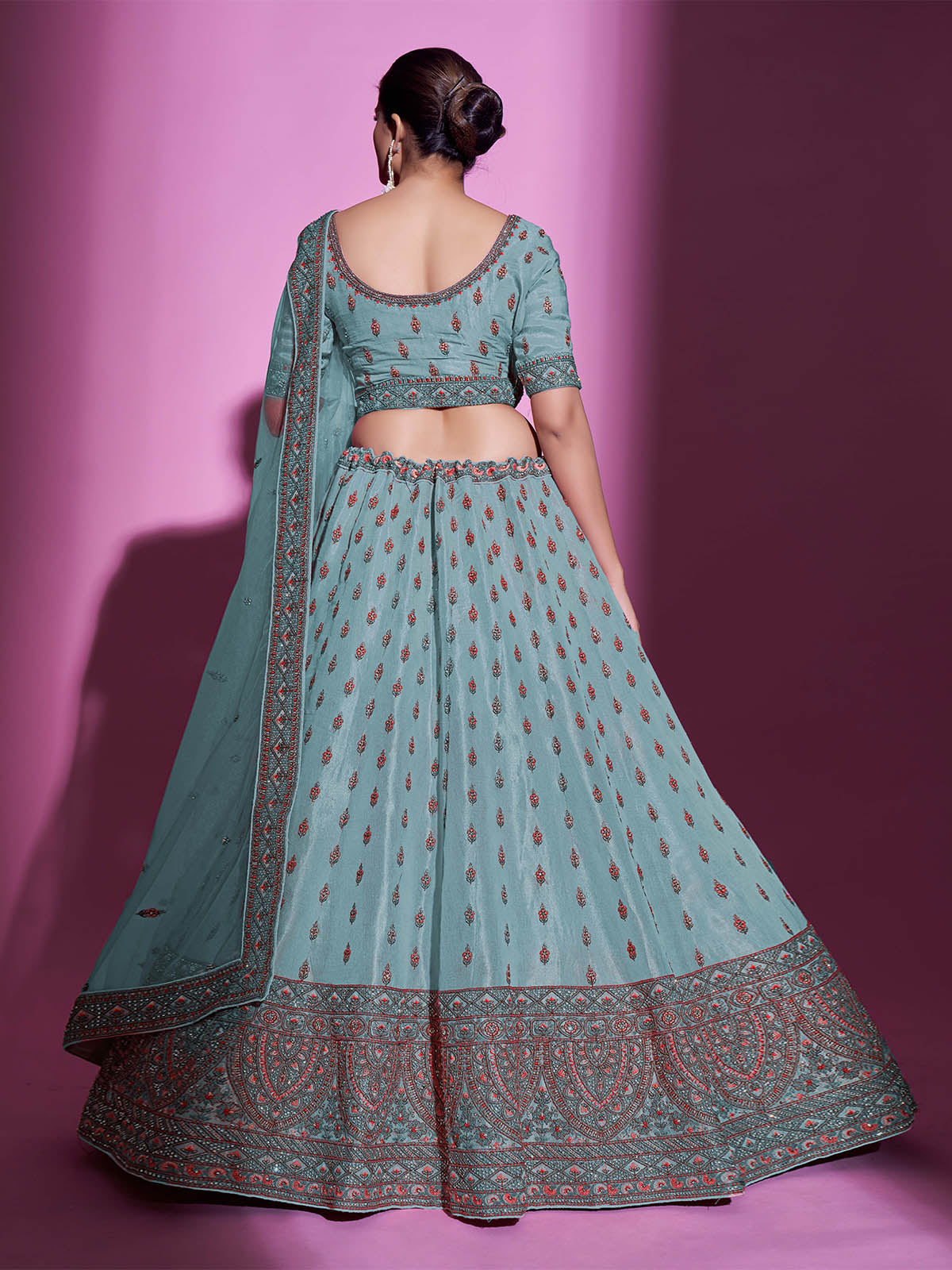 Odette Women Blue Silk Blend Embroidered Semi Stitched Lehenga With Unstitched Blouse