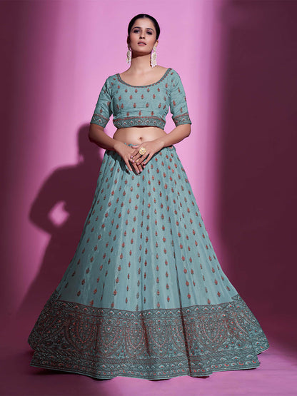 Odette Women Blue Silk Blend Embroidered Semi Stitched Lehenga With Unstitched Blouse