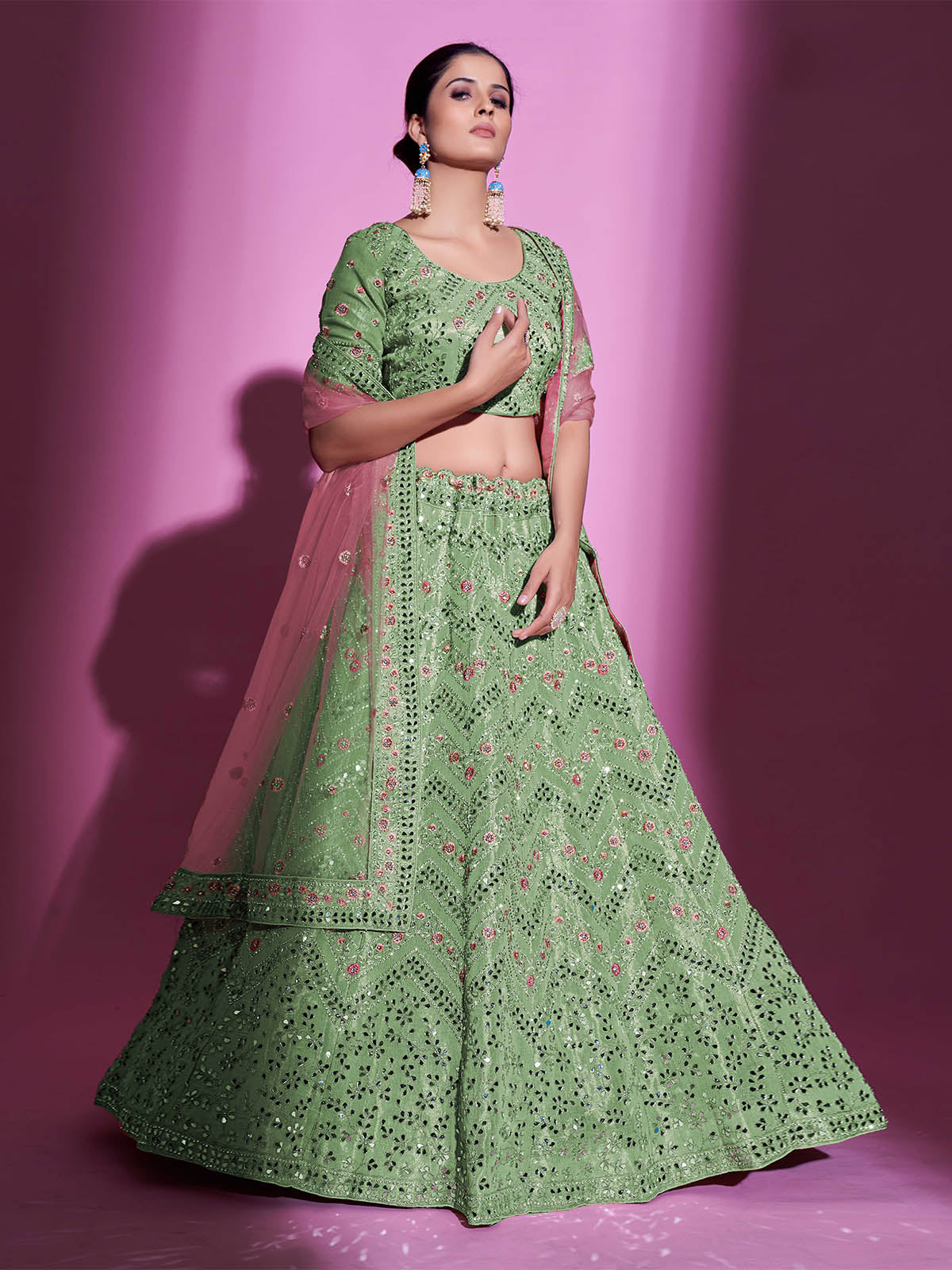 Odette Women Green Silk Blend Embroidered Semi Stitched Lehenga With Unstitched Blouse