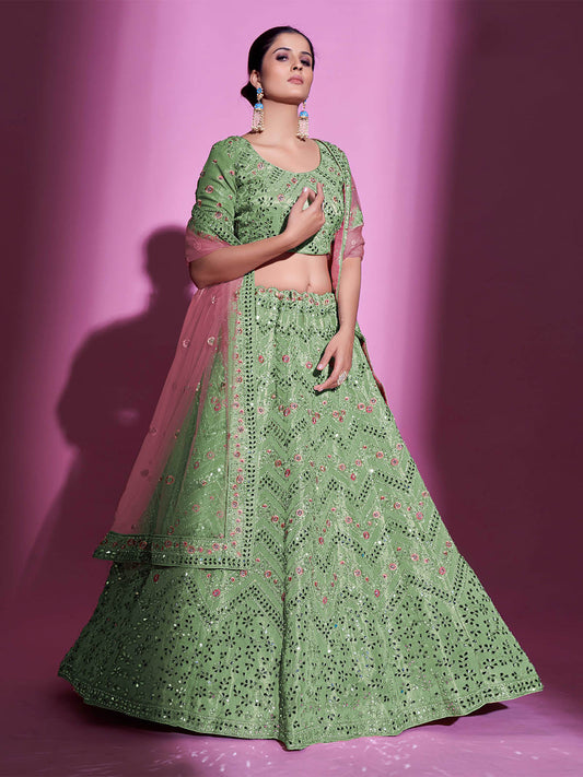 Odette Women Green Silk Blend Embroidered Semi Stitched Lehenga With Unstitched Blouse