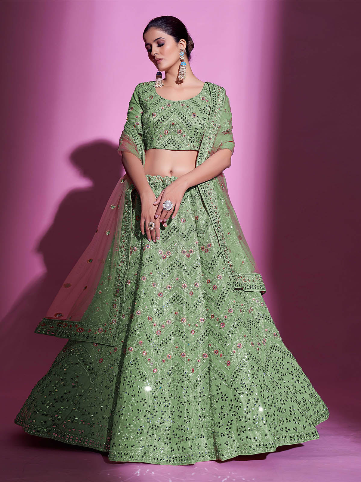 Odette Women Green Silk Blend Embroidered Semi Stitched Lehenga With Unstitched Blouse