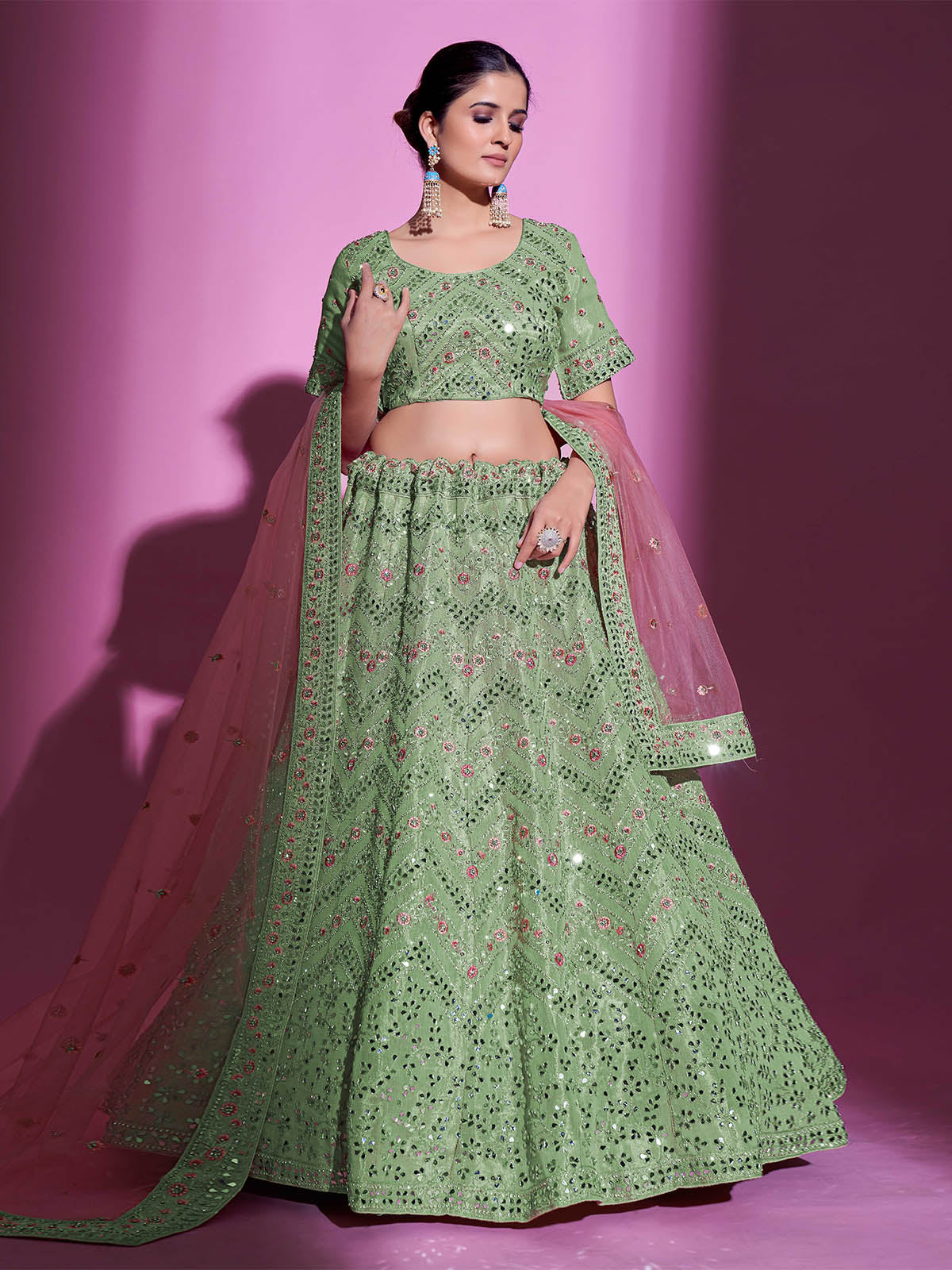 Odette Women Green Silk Blend Embroidered Semi Stitched Lehenga With Unstitched Blouse