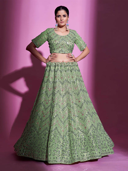 Odette Women Green Silk Blend Embroidered Semi Stitched Lehenga With Unstitched Blouse