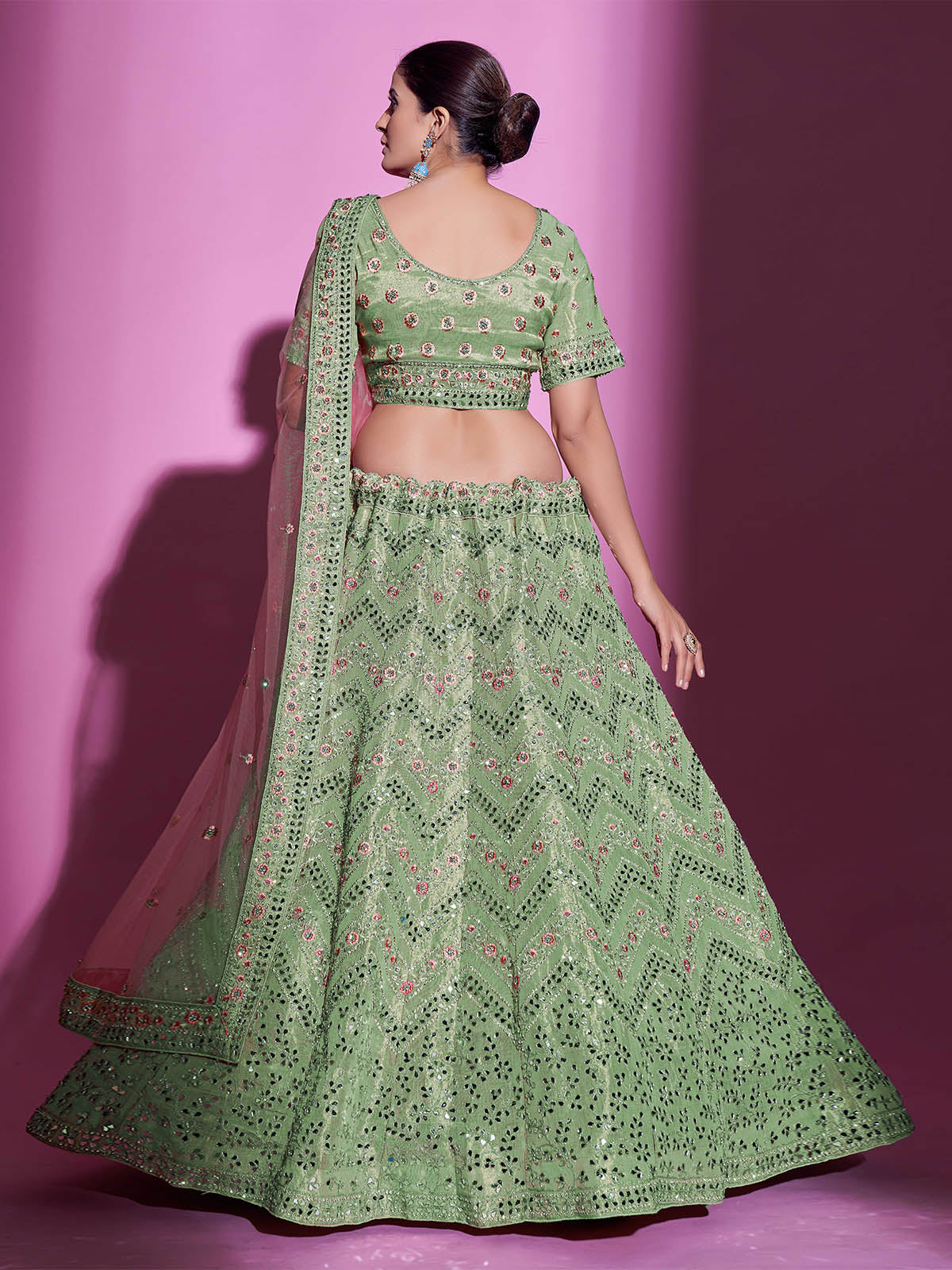 Odette Women Green Silk Blend Embroidered Semi Stitched Lehenga With Unstitched Blouse