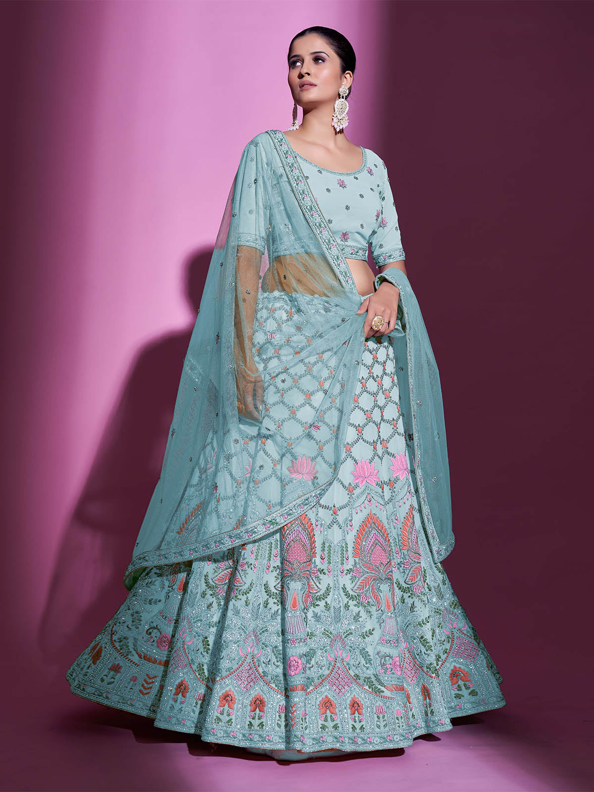 Odette Women Blue Georgette Embroidered Semi Stitched Lehenga With Unstitched Blouse