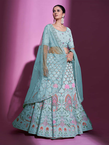Odette Women Blue Georgette Embroidered Semi Stitched Lehenga With Unstitched Blouse