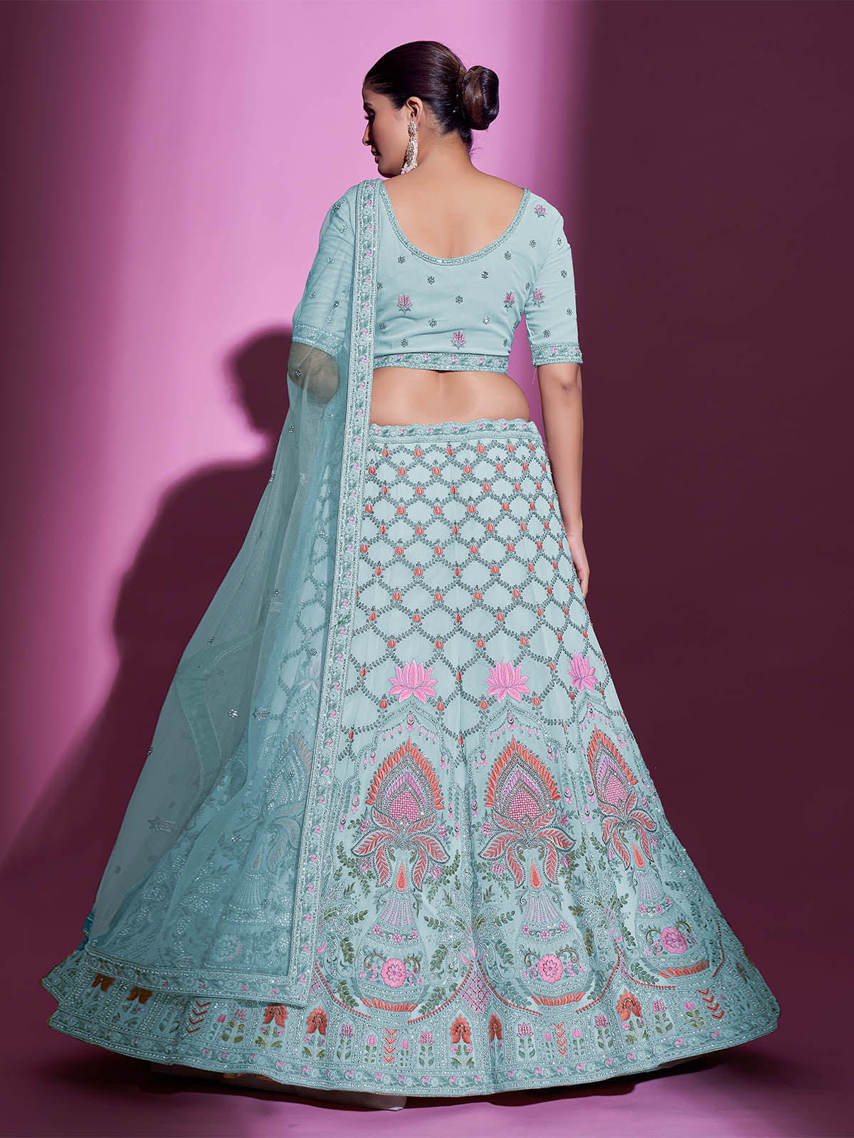 Odette Women Blue Georgette Embroidered Semi Stitched Lehenga With Unstitched Blouse