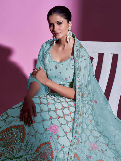 Odette Women Blue Georgette Embroidered Semi Stitched Lehenga With Unstitched Blouse
