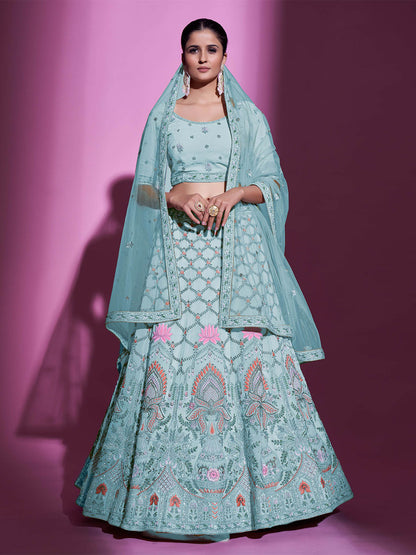 Odette Women Blue Georgette Embroidered Semi Stitched Lehenga With Unstitched Blouse