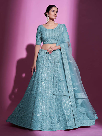 Odette Women Blue Net Embroidered Semi Stitched Lehenga With Unstitched Blouse