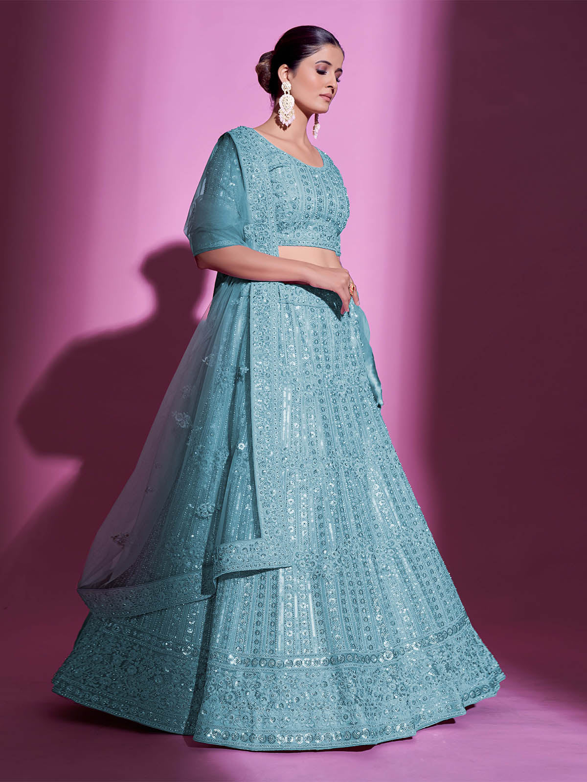 Odette Women Blue Net Embroidered Semi Stitched Lehenga With Unstitched Blouse