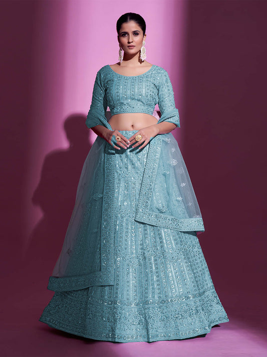 Odette Women Blue Net Embroidered Semi Stitched Lehenga With Unstitched Blouse
