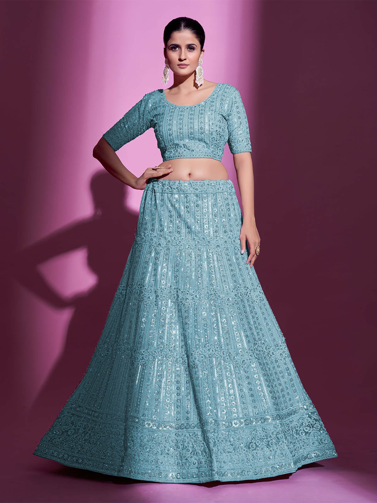 Odette Women Blue Net Embroidered Semi Stitched Lehenga With Unstitched Blouse