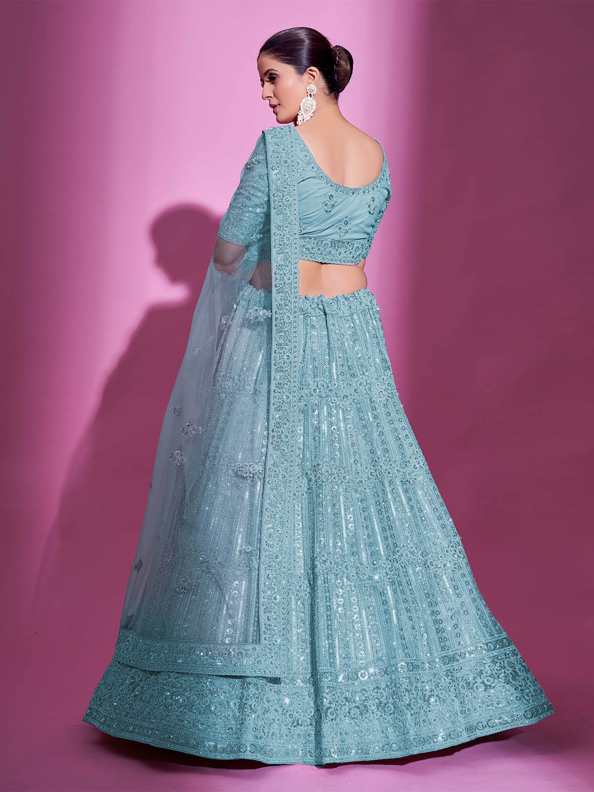 Odette Women Blue Net Embroidered Semi Stitched Lehenga With Unstitched Blouse