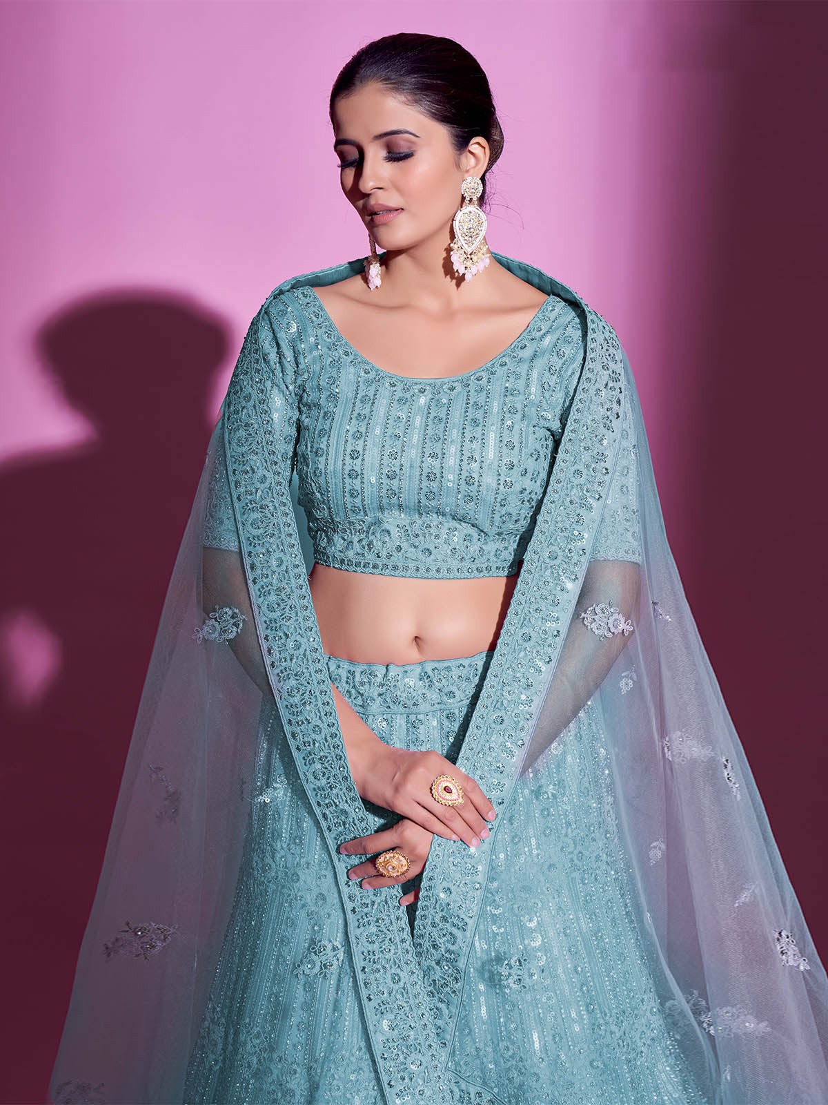 Odette Women Blue Net Embroidered Semi Stitched Lehenga With Unstitched Blouse