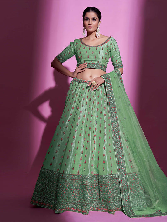Odette Women Green Silk Blend Embroidered Semi Stitched Lehenga With Unstitched Blouse
